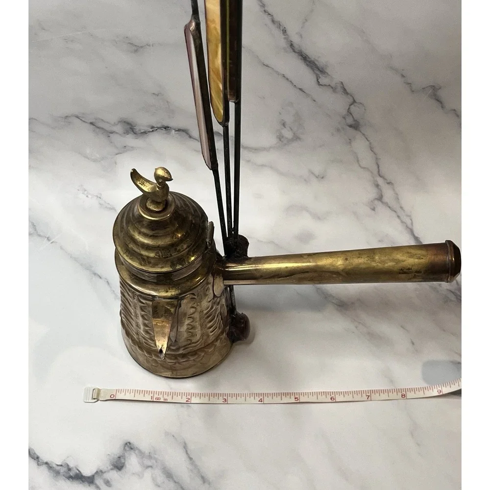 Vintage Brass Turkish Arabic Dallah Coffee Pot With Glass Embellishments Feather